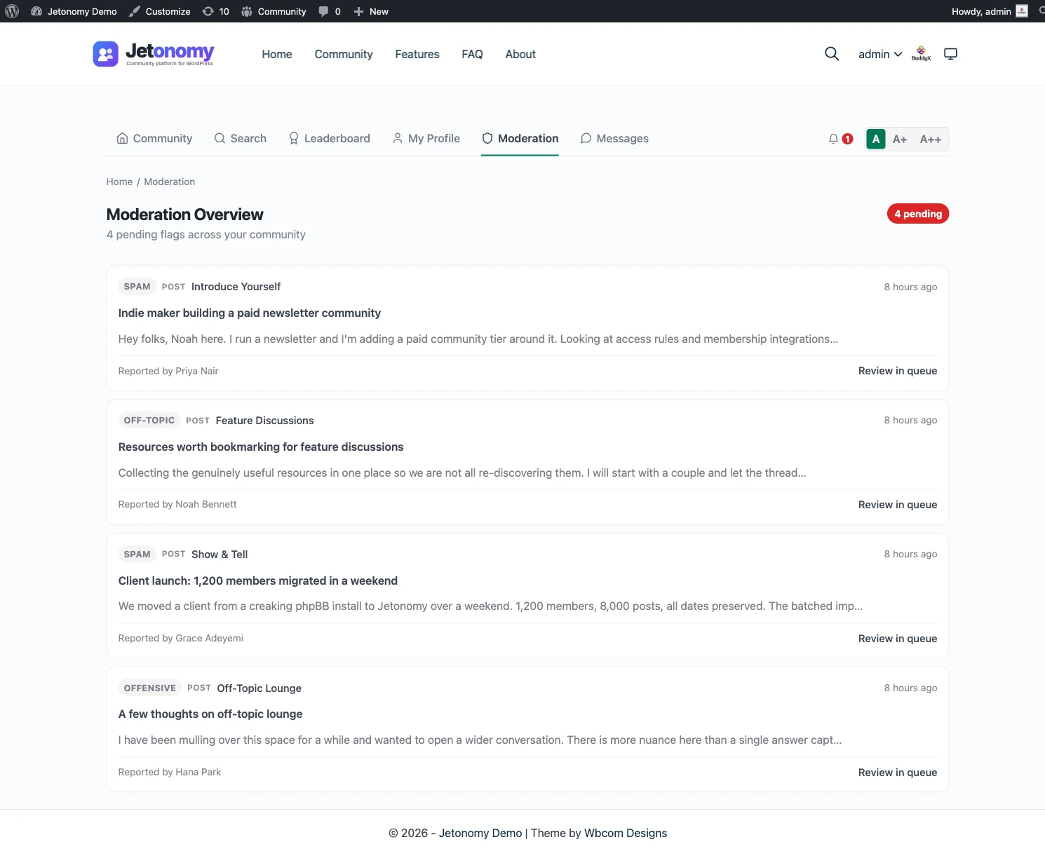 Jetonomy front-end moderation queue listing flagged and pending posts with approve and reject actions