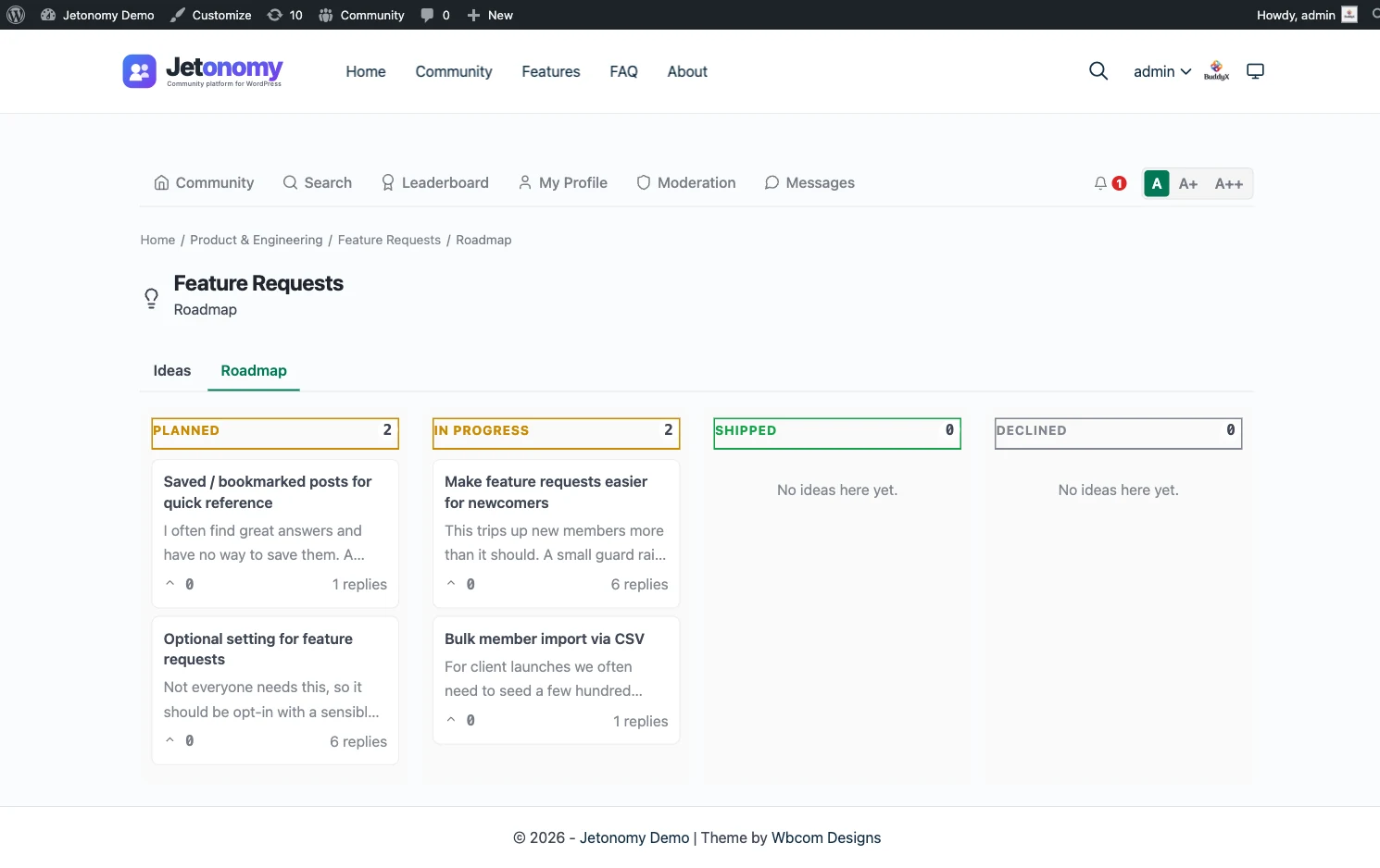 Jetonomy ideas board with upvoted feature requests and roadmap status badges