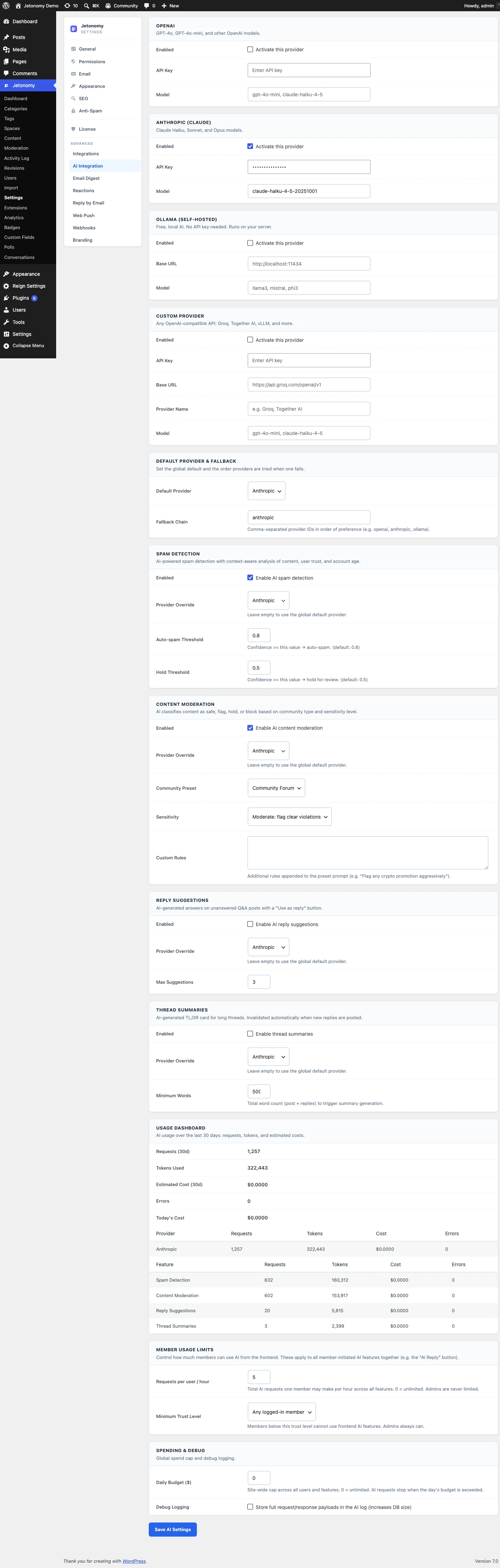 Jetonomy Pro AI moderation settings screen with scoring thresholds and routing options
