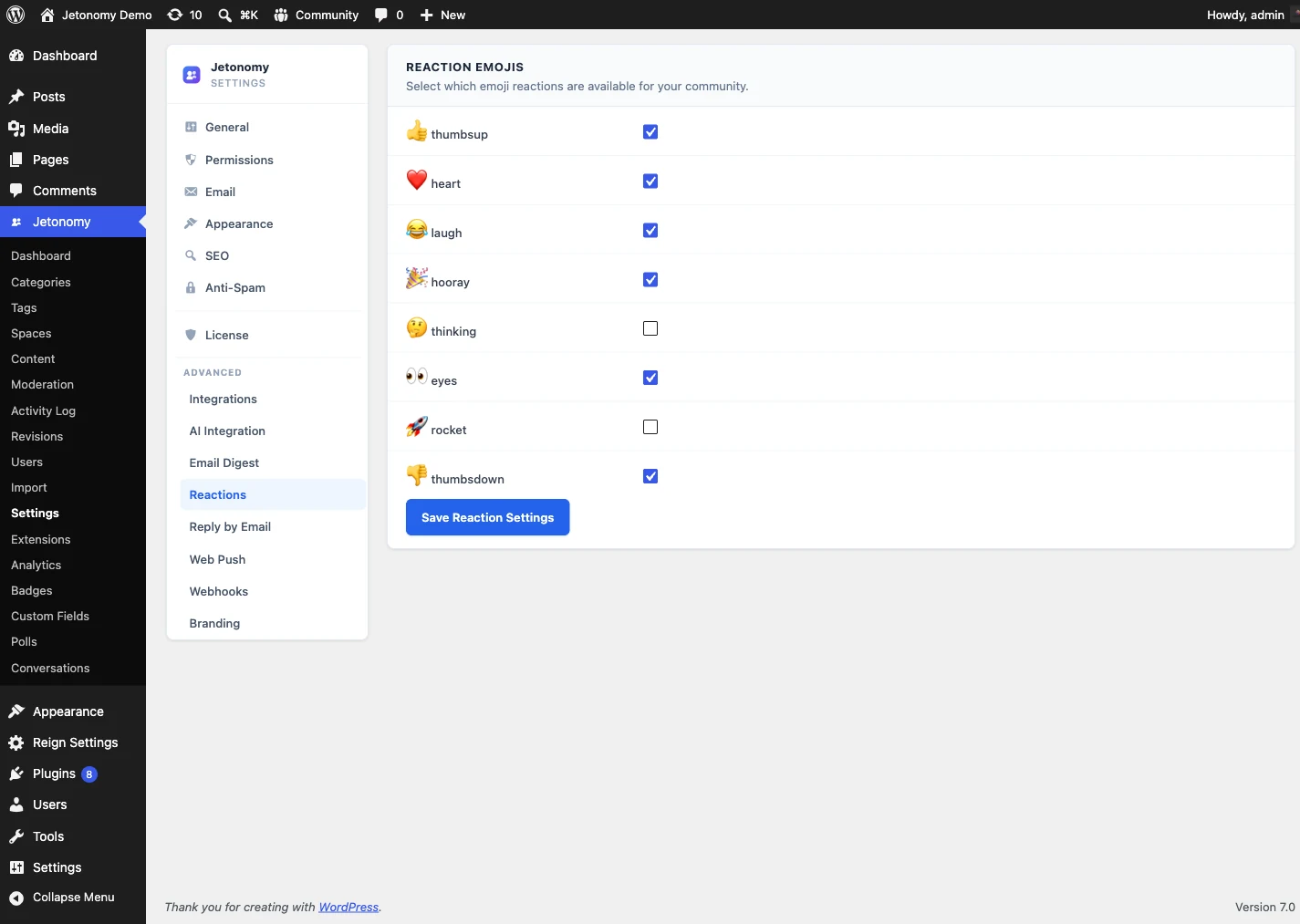 Jetonomy Pro reactions configuration showing emoji reaction options for a space