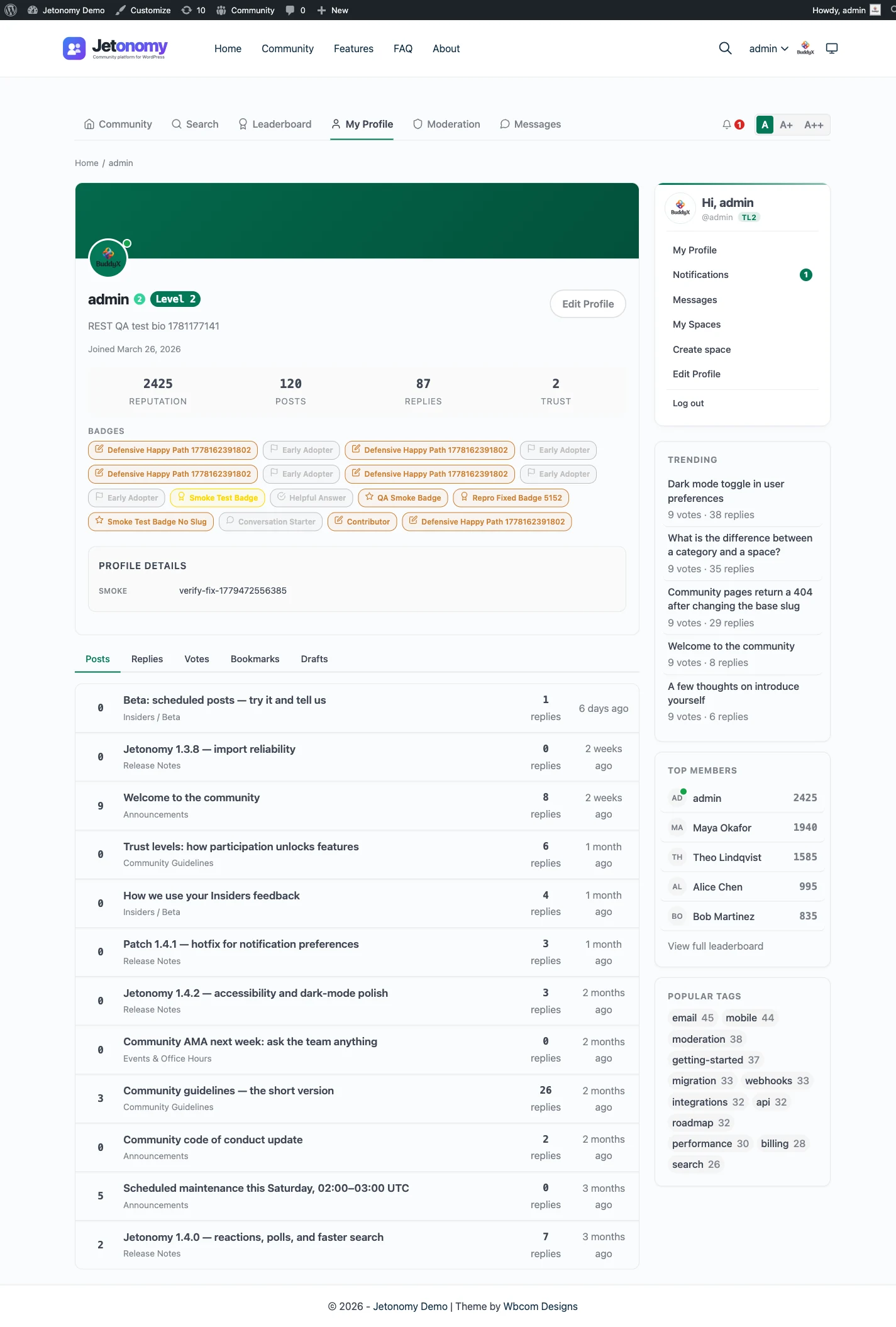 A Jetonomy member profile page showing activity, posts, replies, reputation, and trust level