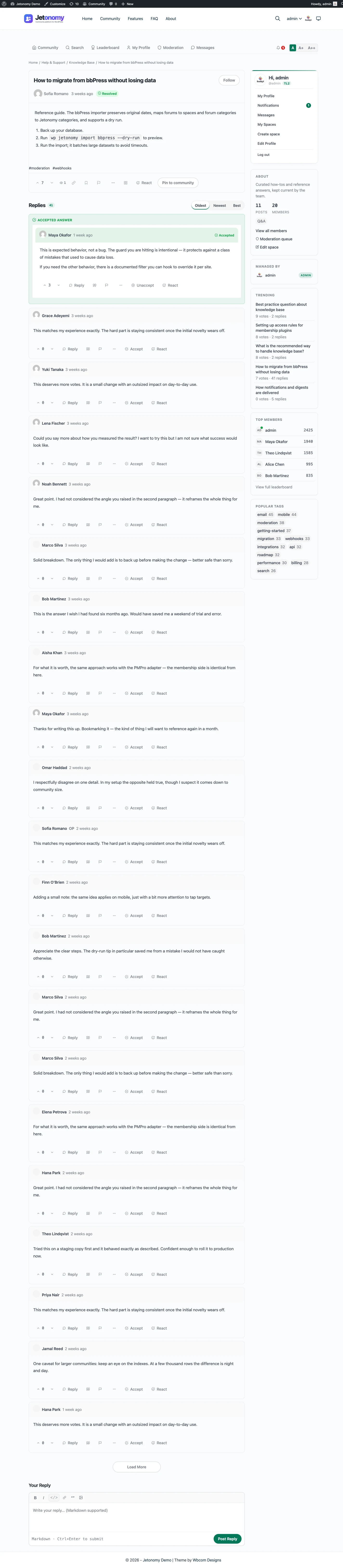 Jetonomy topic thread with nested replies and reactions