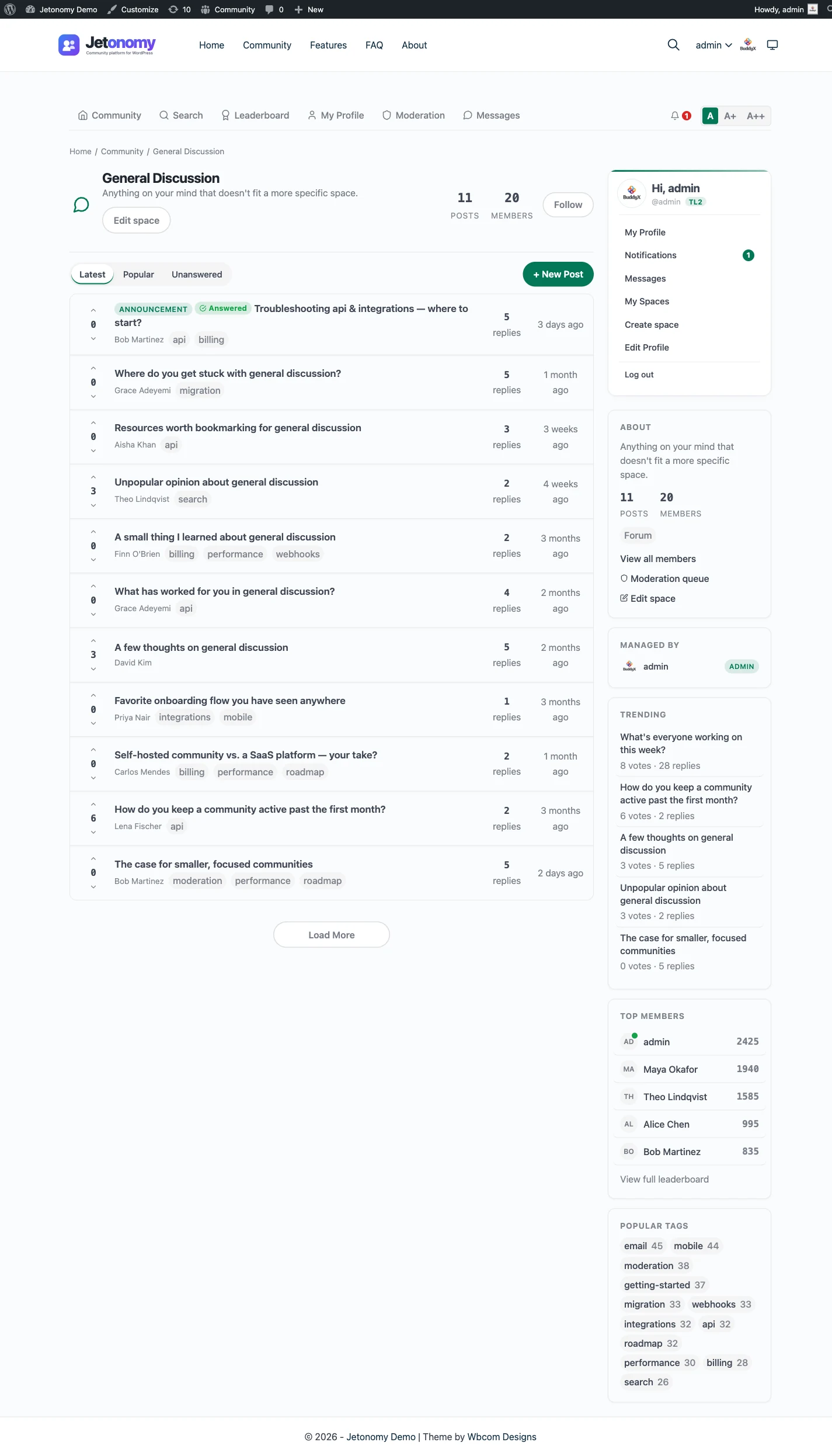 Jetonomy space with a sidebar showing member posts and activity